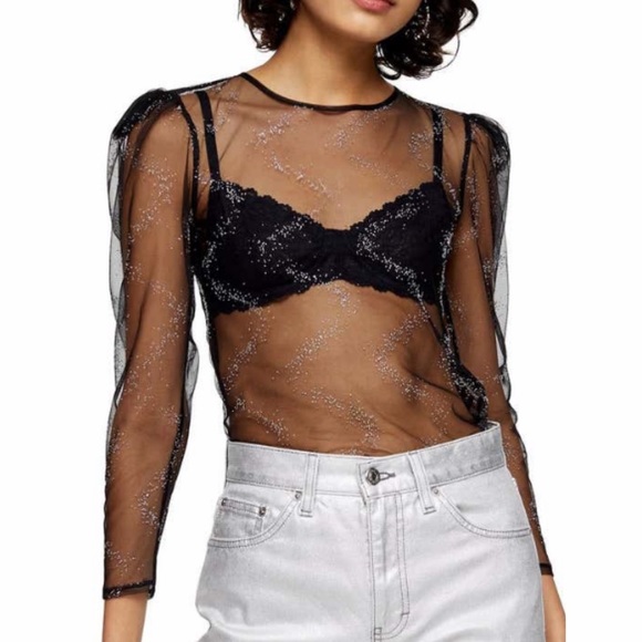 TOPSHOP Crystal Embellished Sheer Mesh Top - Picture 3 of 13
